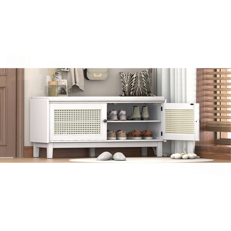 Banc d'entrée en rotin avec rangement Boho, Beige / Blanc