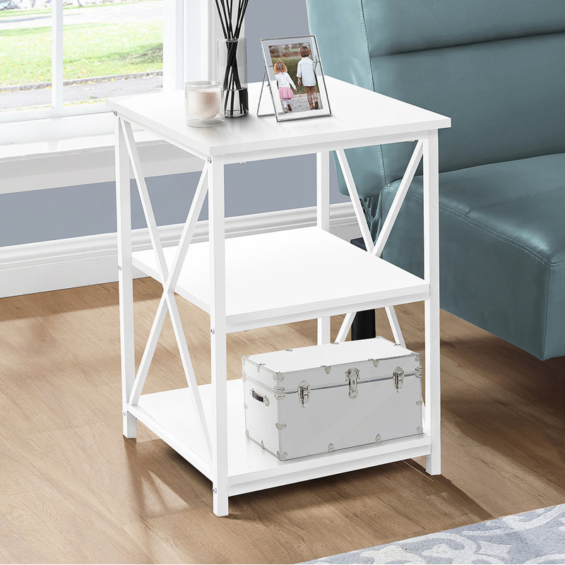 Table d'appoint, côté, bout, table de chevet, lampe, stratifié blanc, métal blanc, contemporain, moderne