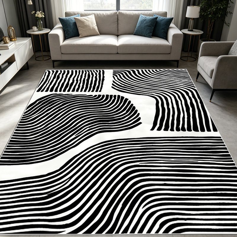 1PC Black And White Wavy Stripe Abstract Op Art Geometric area rugs for Living Room, Soft and Comfortable, Suitable for all seasons, easy-to-maintain, machine washable Indoor floor mat, Under Table Farmhouse suitable for bedroom, dining area, home