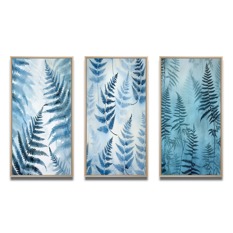«Blue Fern Fond», 3 pièces sur toile, Cadre naturel flottant, H 40 po x l 60 po