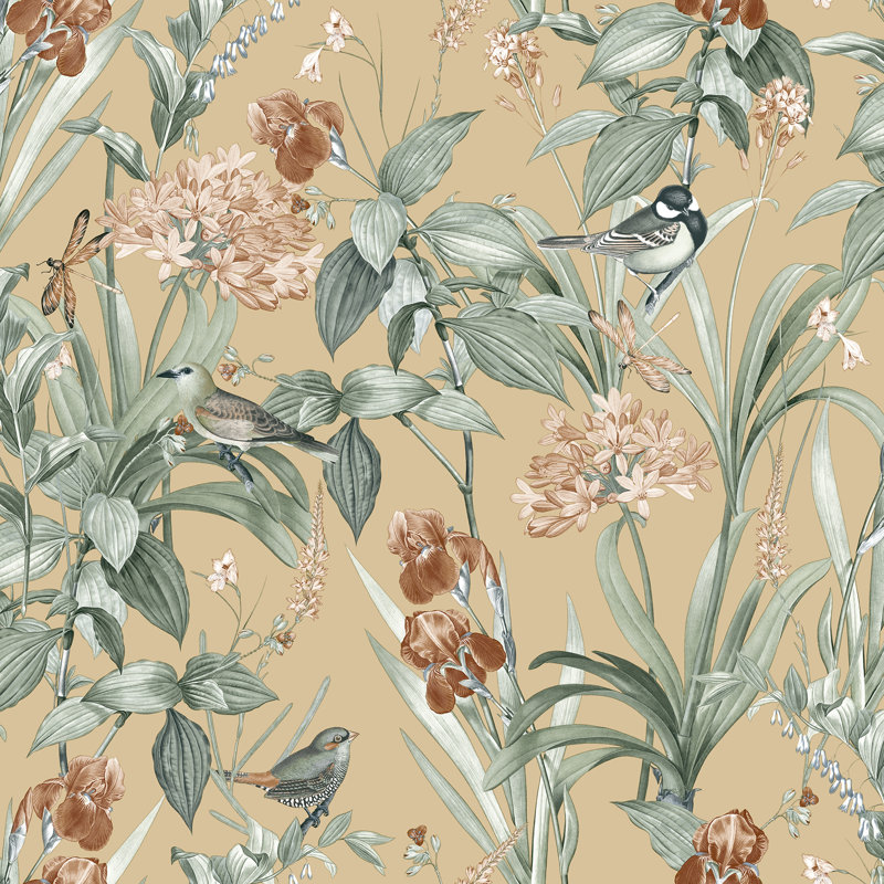 Papier peint botanique Mint Birds and Dragonflies, Jaune
