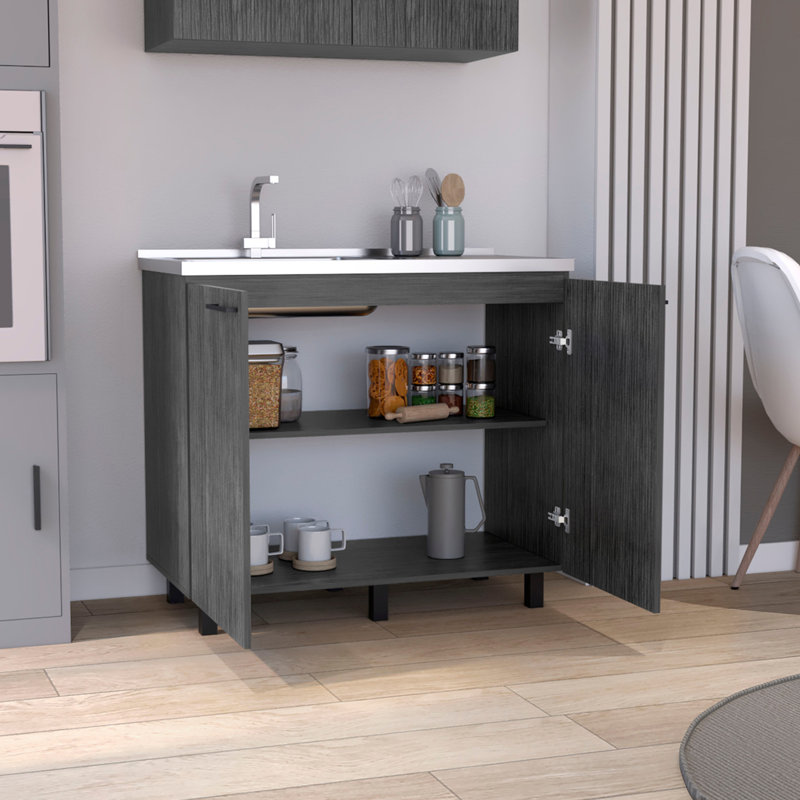 Évier utilitaire 2 avec armoire Napoles, comptoir en acier inoxydable, tablette intérieure chêne fumé