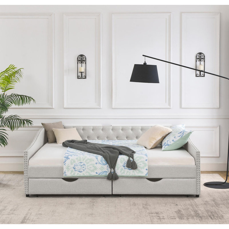 Upholstered Tufted Daybed | Velvet Button - Tufted Copper Nail - Trimmed Waved Arms & Drawers, Twin, Beige