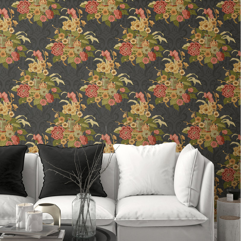 Rouleau de papier peint métallisé 33 pi x 20,5 po Aldo Dynasty Floral, Noir / or / vert / saumon