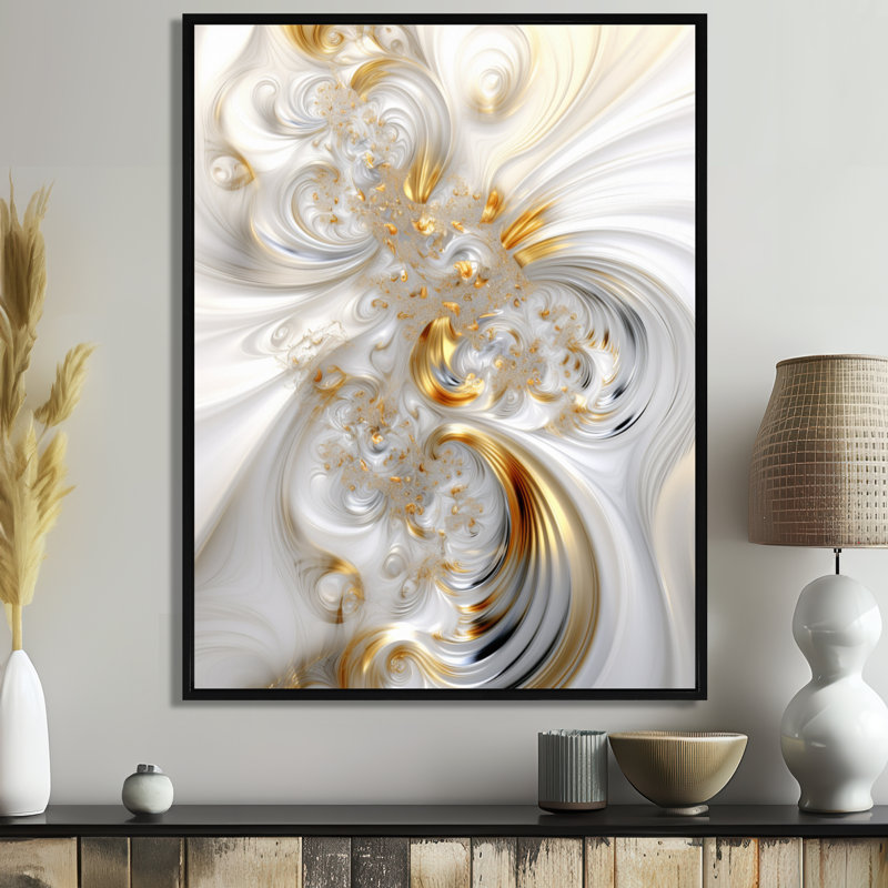 «Whirling River Dynamics Gold and White II - Abstract Spirals», art mural, H 40 po x l 30 po, Cadre flottant noir