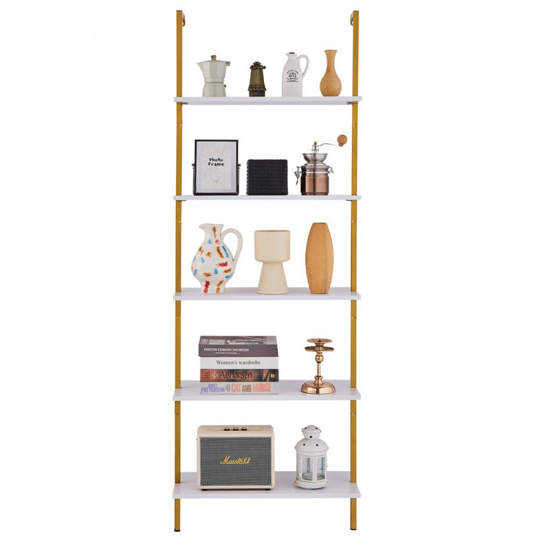 Industrial Square Pipe Shelf 5 Tier 11.8in Wall-Mount for Bedroom, Gold/White, 71.85" H x 25.2" W x 11.81" D