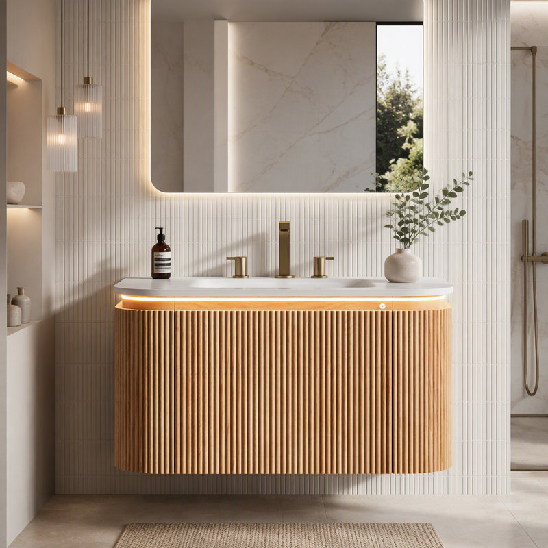 Meuble-lavabo de 76 cm avec lavabo intégré, bord incurvé et tiroir, éclairage à détecteur de mouvement, lavabo intégré en pierre frittée cintré à chaud, préassemblé, couleur bois naturel.