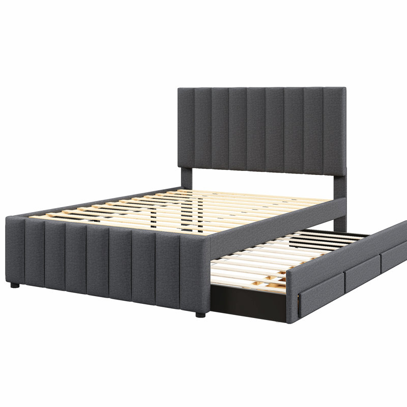 Lit rembourré avec lit gigogne et 3 tiroirs en lin gris - Espace pour la chambre à coucher