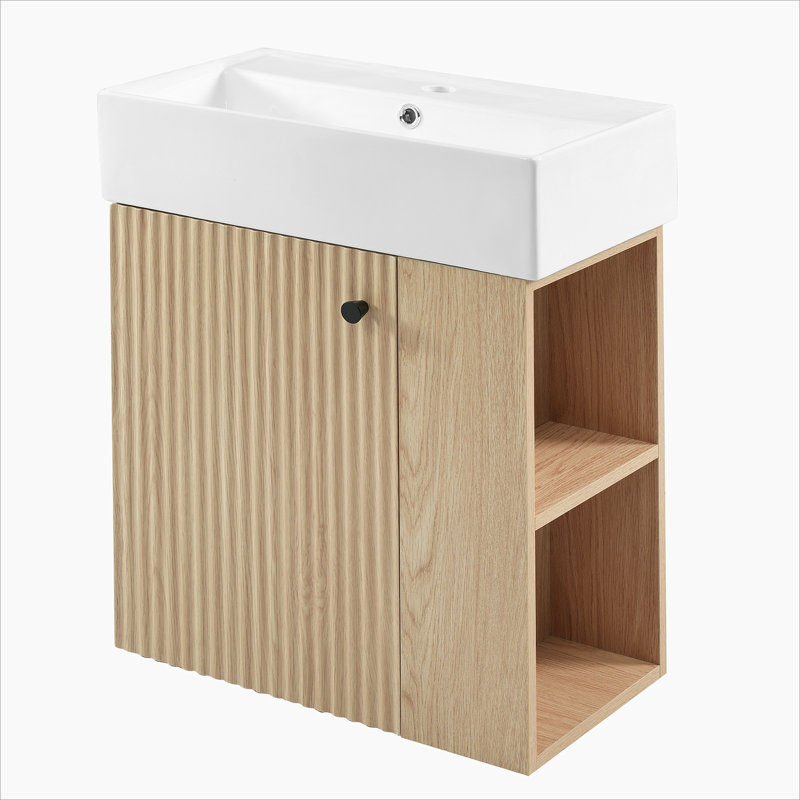 [Vidéo] Meuble-lavabo flottant moderne de 21,6 po avec lavabo en céramique - parfait pour les petites salles de bain, rangement à droite