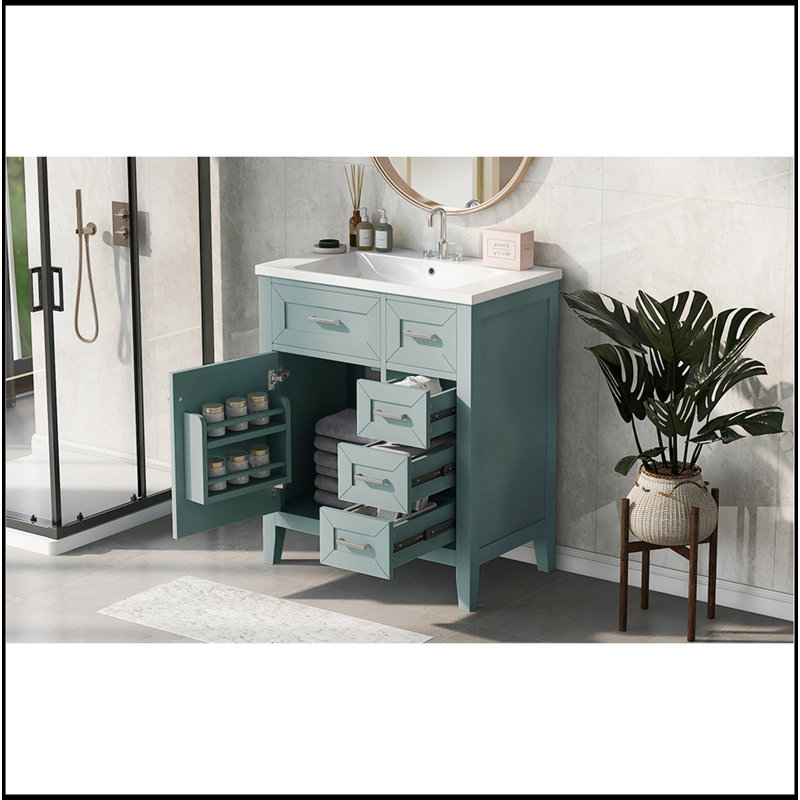 30" Bathroom Vanity With Sink Combo, Green Bathroom Cabinet With Drawers, Solid Frame And MDF Board, Green/Silver
