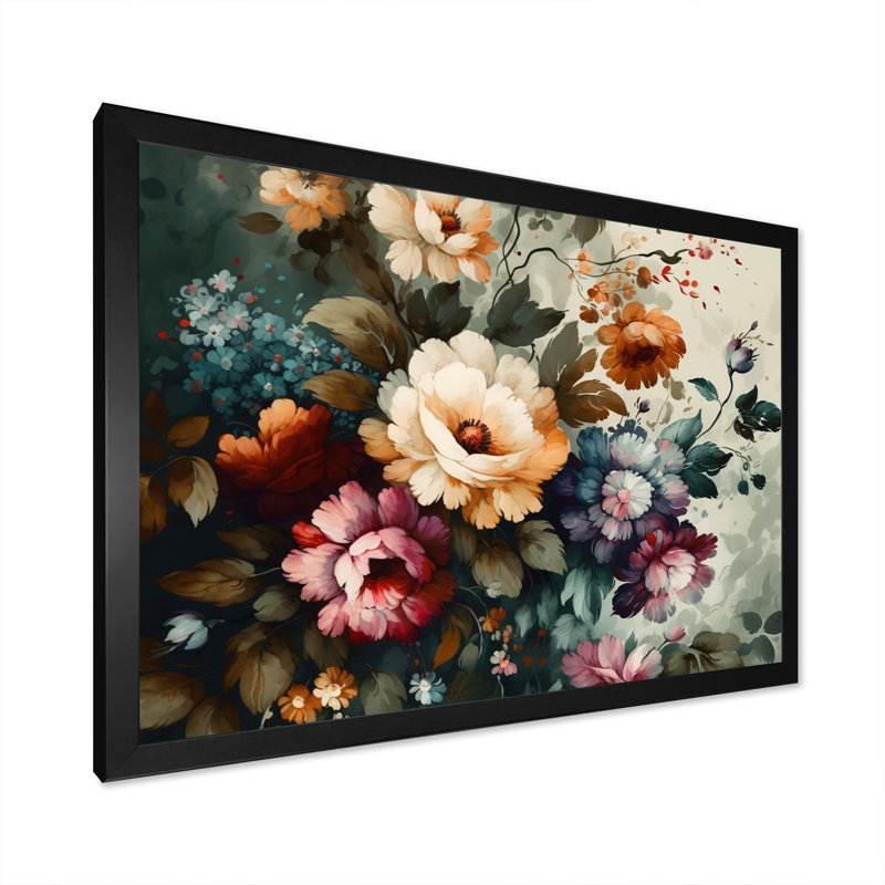 Blooming Vintage Flowers III - Art sur toile florale, H 12 po x l 20 po x P 1 po, Cadre simple noir