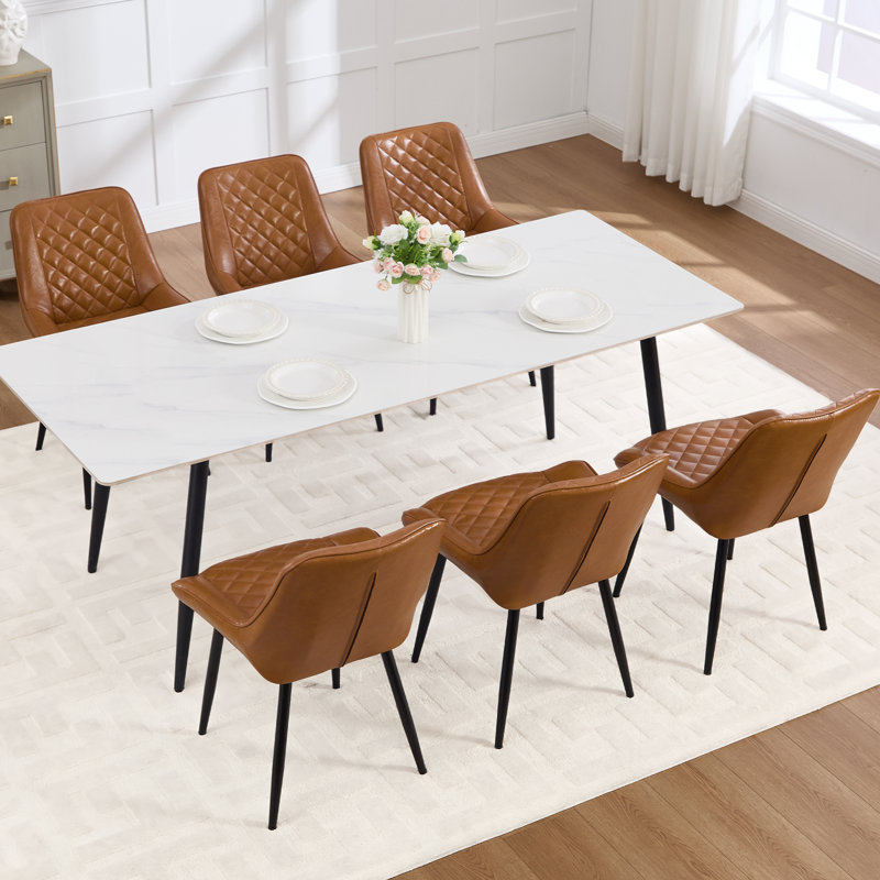 Faux Leather Upholstered Metal Dining Chair, Brown, 6