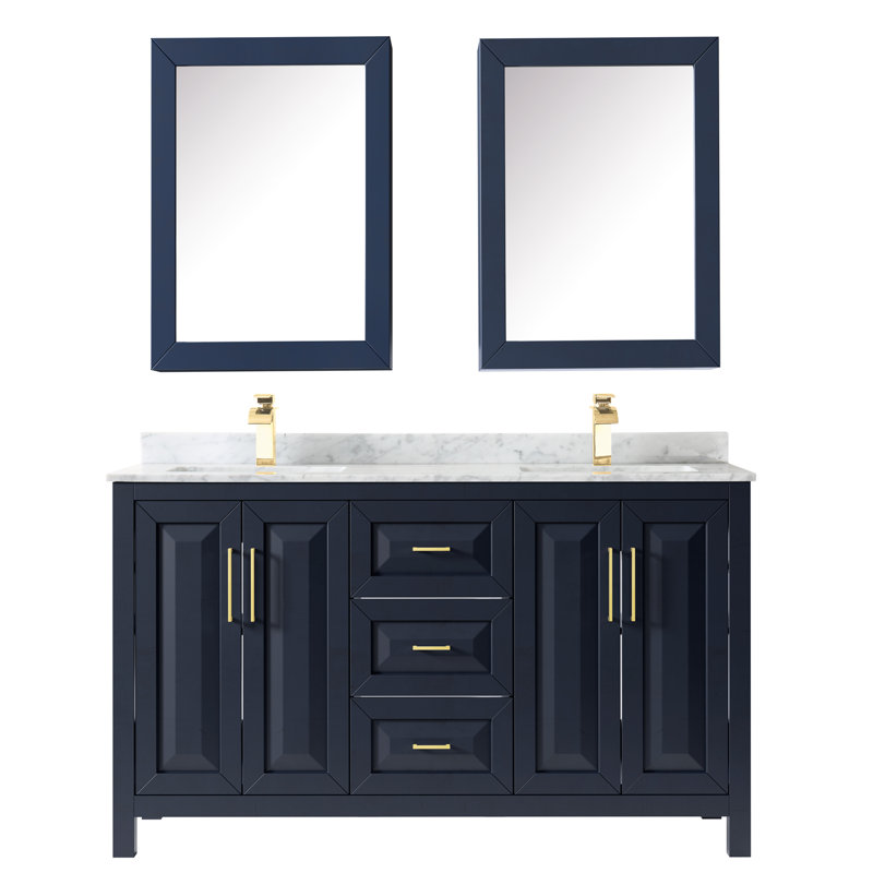 Daria 60'' W Double Vanity, Dark Blue, White Cultured Marble, Brushed Gold