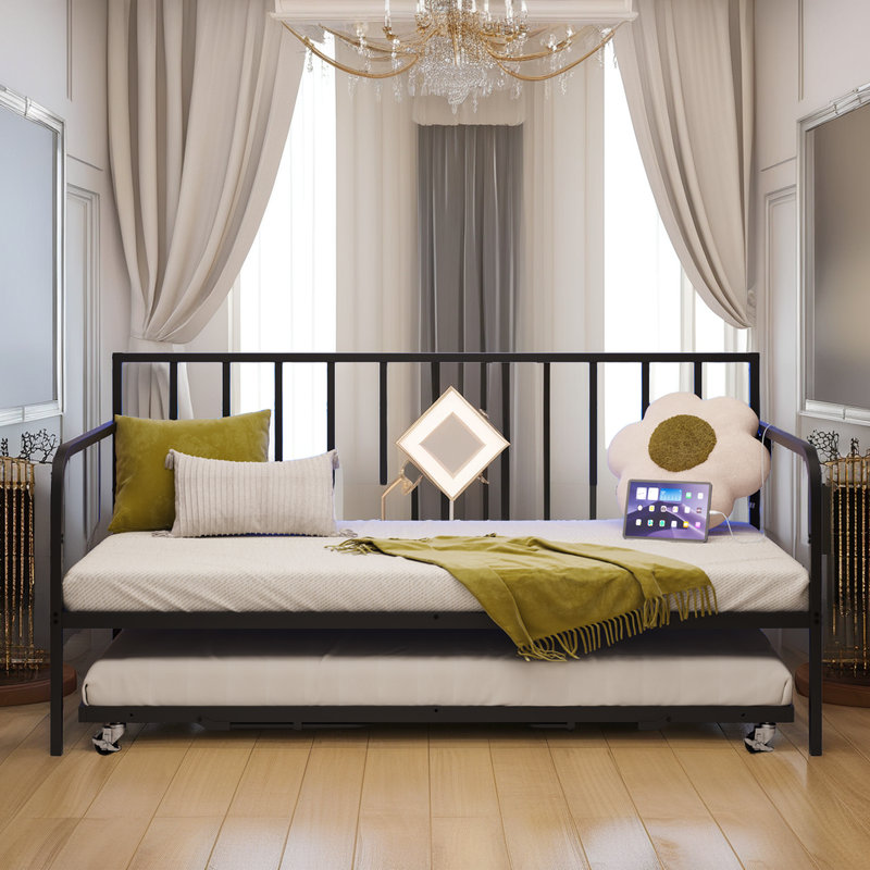 Twin Size Metal Daybed with Trundle, Sofa Bed Frame with Storage
