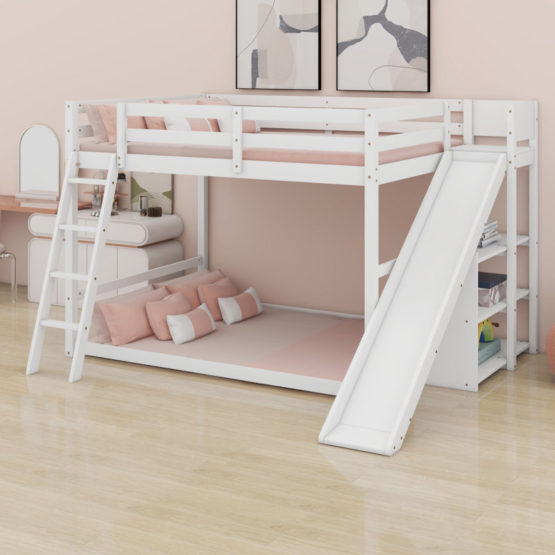 Lit superposé avec échelle, glissade et tablettes, Blanc