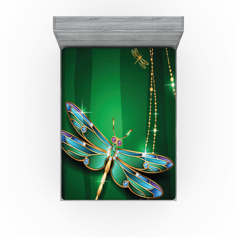 Ambesonne Dragonfly Fitted Sheet 2-Pack Vivid Gemstone Emerald Multicolor, California King Fitted Sheet