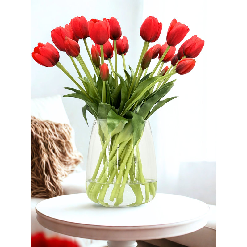 Tulipes artificielles Real Touch dans un vase en verre , Rouge