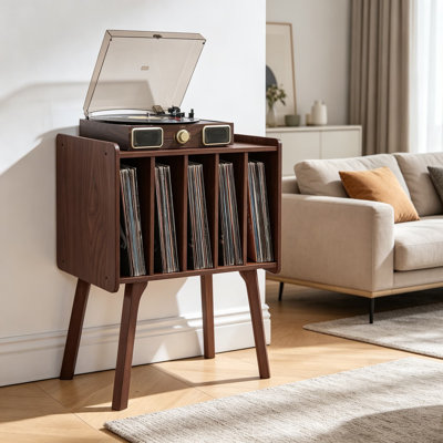 Support pour tourne-disque, table de rangement pour disque vinyle en noyer avec 4 tablettes d'armoire, support de table tournante moderne Mid-Century avec pieds en bois massif, peut contenir jusqu'à 100 albums pour le salon, la chambre à coucher