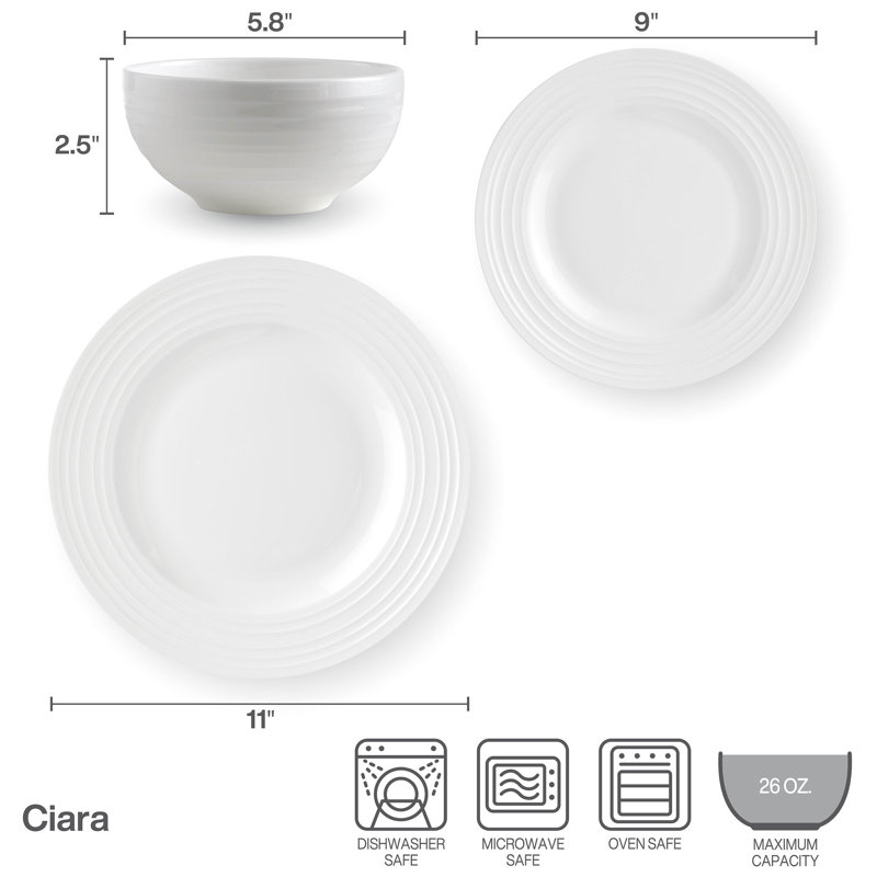 Mikasa Ciara 12-Piece Lightweight Chip-Resistant Bone China Dinnerware Set, Service for 4