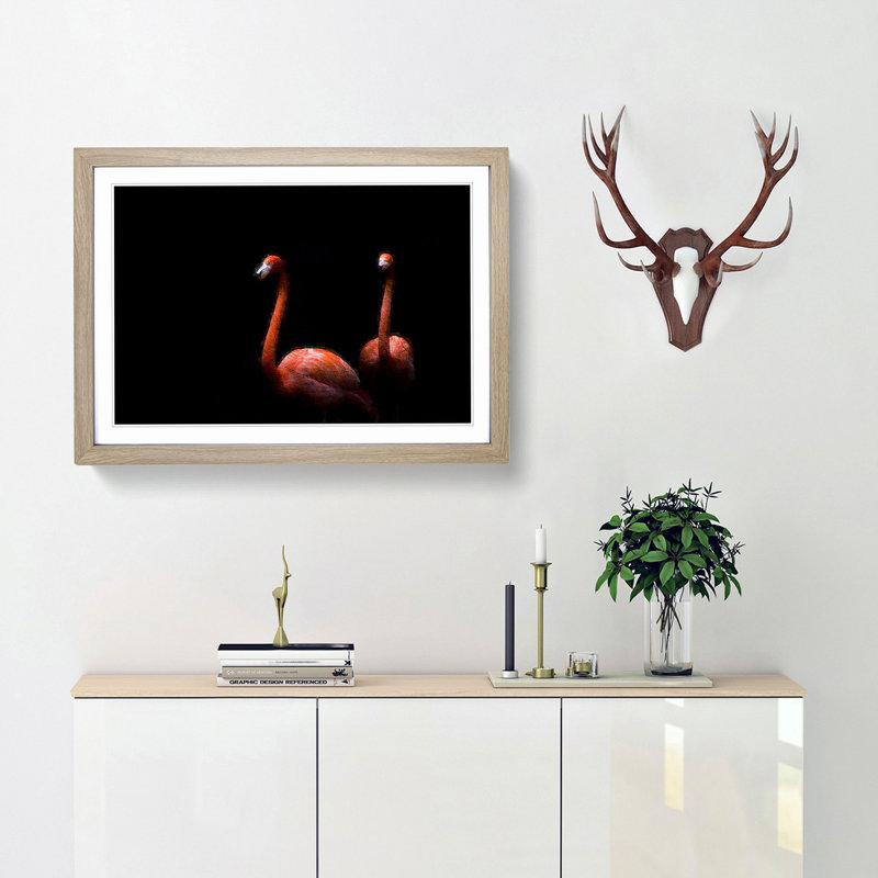 Pink Flamingos - Picture Frame Painting Print, 48cm H x 65cm W x 2cm D, Oak Framed