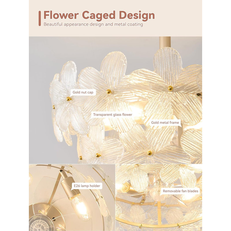 Ventilateurs de plafond en cristal 20 po Fandelier avec lumières, ventilateur de lustre fleur d'or avec télécommande, cage en Morden à 6 vitesses pour chambre à coucher, chambre de bébé, salon (transparent)