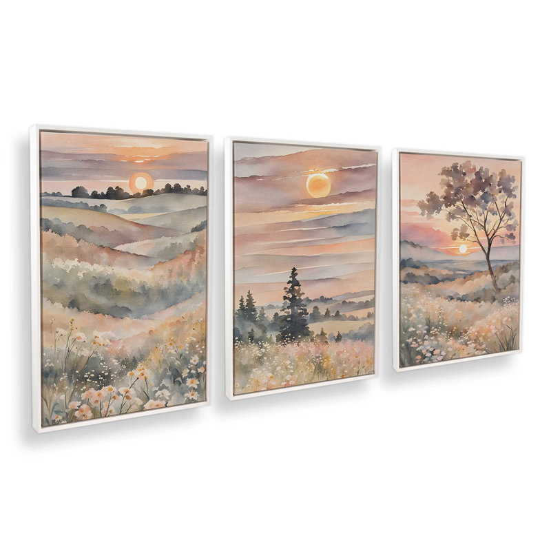 Ensemble de 3 toiles tendues 12 po x 8 po Sunset in Blooming Valley, Cadre flottant en chrome poli