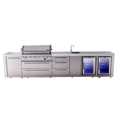 Mont Alpi Premium 157"W x 23"D x 46"H Deluxe Stainless Steel Modular Outdoor Kitchen Island with 2 Refrigerators + 44"W 6-Burner BBQ Gas Grill + Faucet & Sink + Granite Countertops + Storage Cabinets + Cover + Natural Gas Convertible + Lifetime Warranty