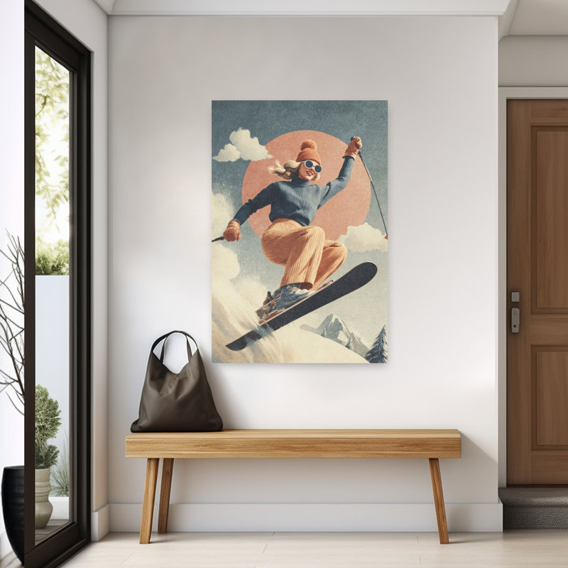 «Skiing Adventure Retro Vintage Abstract Landscape Mountain», reproduction d'art mural, H 60 po x l 40 po