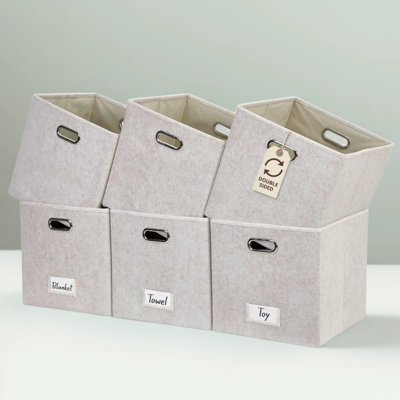 Felt Storage Bins 11 Inch Cube with Labels, Set of 6, Collapsible Fabric Cube Bins for Shelves, Beige, 11x11x11, Soft Durable Organizer for Clothes Toys Books