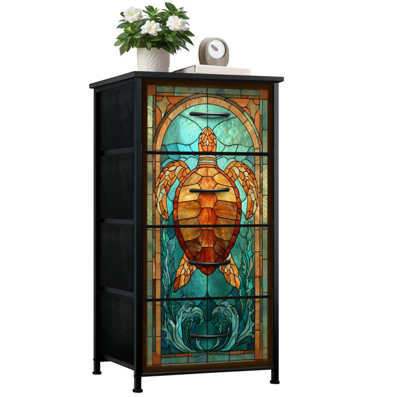 Commode de style vitrail Coastal pour chambre à coucher avec 4 tiroirs de rangement Commode en corail de couleur tortue en verre teinté avec commode en acier pour vestibule
