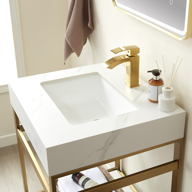 Ensemble de meuble-lavabo simple 24 po Funes, Or brossé, Blanc montagne enneigée, Or brossé