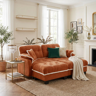 Causeuse en chenille avec 2 repose-pieds mobiles et 4 coussins, canapé capitonné matelassé à garniture pompon, canapé à siège profond ergonomique pour salon, appartement, bureau, petit espace