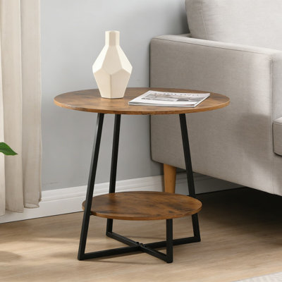 Round End Table With Storage Shelf For Small Spaces, 2-Tier Side Table For Living Room, Bedroom, Office, And Balcony, Rustic Design