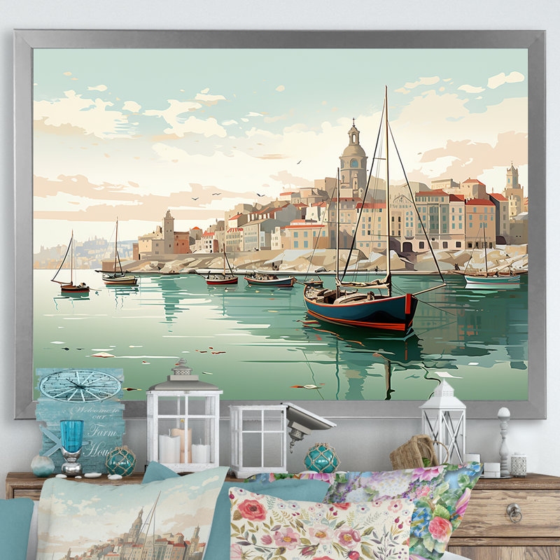 Vieux port au sud de l'Italie - Italie, salon d'art mural, Cadre simple argenté, H 16 po x l 32 po x P 1 po