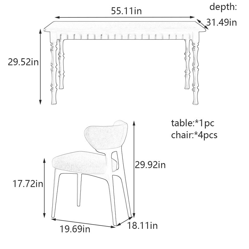 Ensemble de table et chaises de salle à manger Vintage, H 29,52 po x l 31,49 po x L 55,11 po