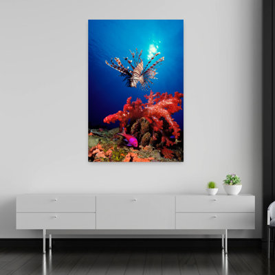 Lionfish Pteropterus Radiata And Squarespot Anthias Pseudanthias Pleurotaenia With Soft Corals In The Ocean Abstract Contemporary Art