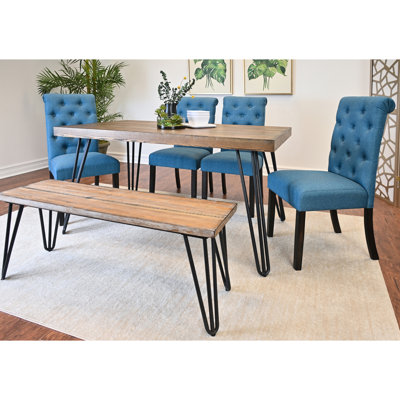 6 tables de salle à manger: table en épingle à cheveux, 4 chaises et banc confortables, assemblage foncé: table en métal avec style