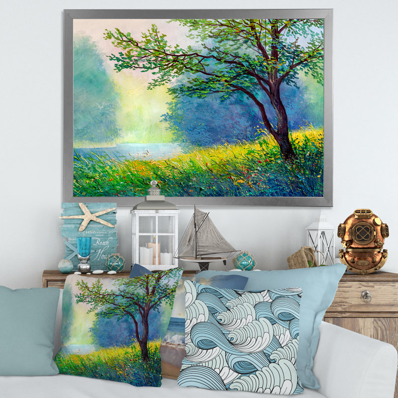 Forêt d'été avec rivière et cascade - reproduction d'art sur toile, Encadrement argenté, H 12 po x l 20 po x p 1 po