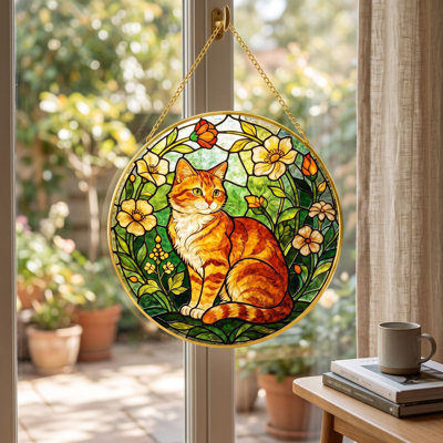 Resin o rnaments Stained Glass Style Orange Suncatcher Floral Tabby  Acrylic Window Hanging Ornament  Lover Gift Colorful  Flower Window Decor Pendant For Home Wall Window