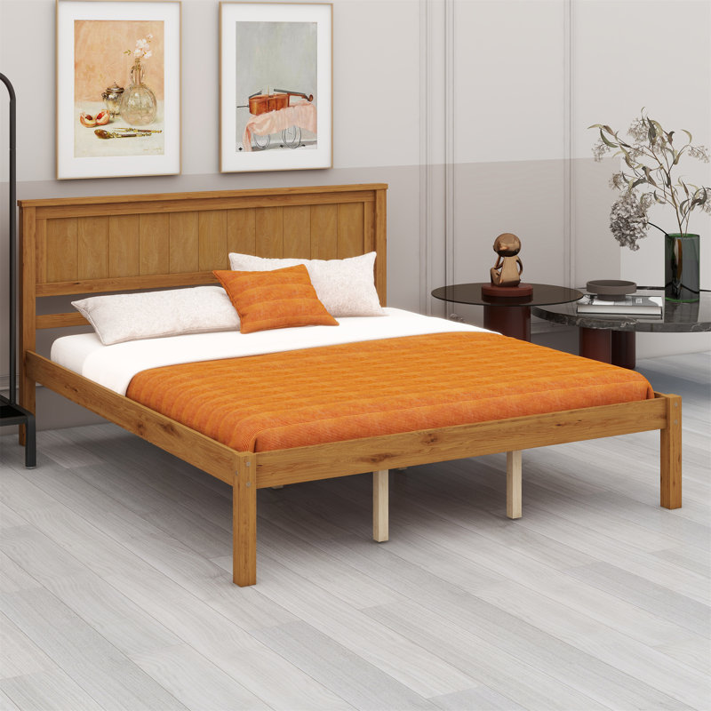 Base de lit plateforme avec tête de lit, support à lattes de bois, Chêne
