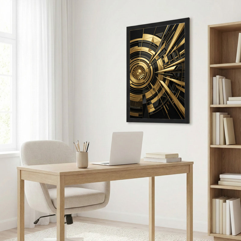 Motif géométrique abstrait doré et noir sur toile tendue, ensemble de 1 reproduction d'art sur toile, H 24 po x l 16 po