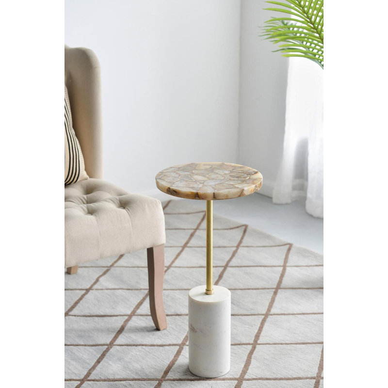 D12x24" Gold Agate Brass Side Table With Cylindrical Marble Base, Gold