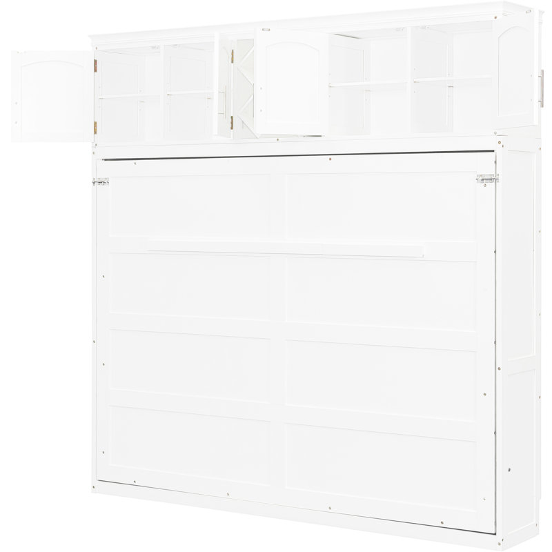 Grand lit mural avec armoires supérieures et porte-bouteilles, blanc, espace pour les petits espaces, support de matelas confortable, chambre d'amis blanche pliante à double piston, conception, aucun sommier requis