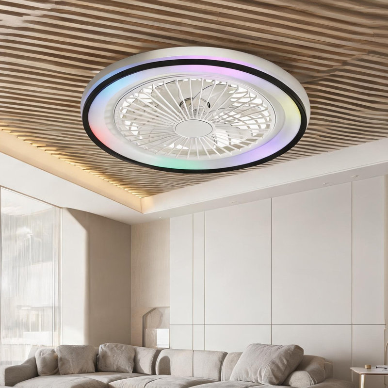 Ventilateur de plafond encastré sans lame avec lumière DEL RVB, 19 pouces, ABS blanc doux, télécommande à 6 vitesses, idéal pour les chambres à coucher et les espaces de fête