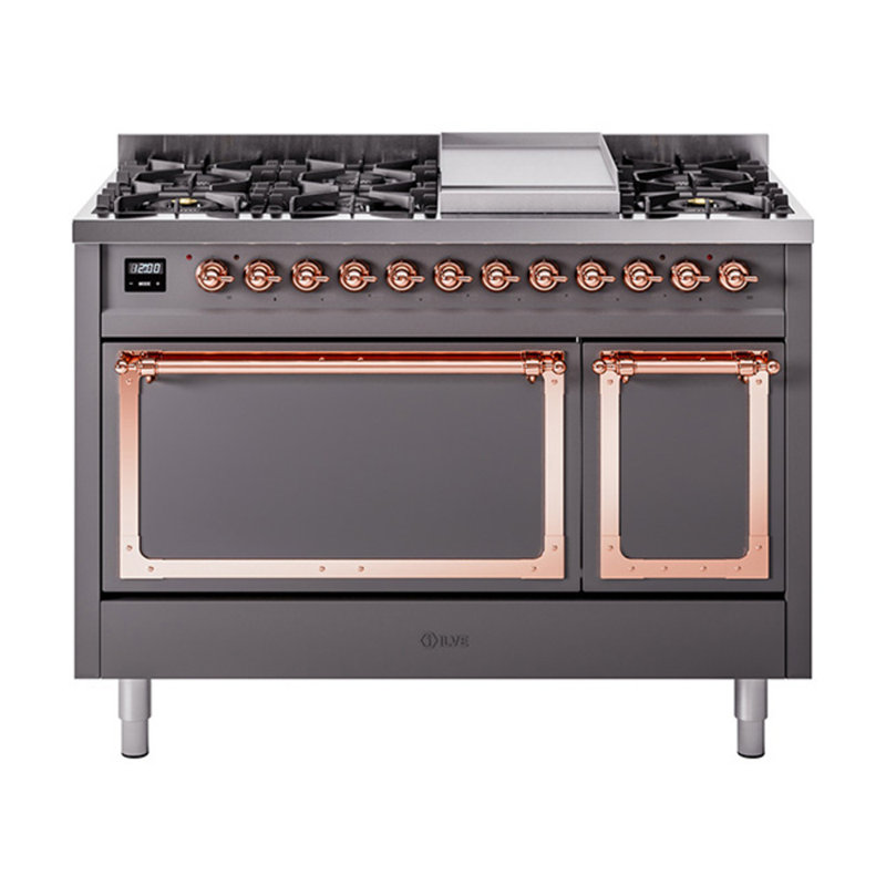 ILVE Nostalgie II Noblesse 48 in Dual Fuel Range, 8 Burner, Griddle, Liquid Propane, Graphite Matte/Copper