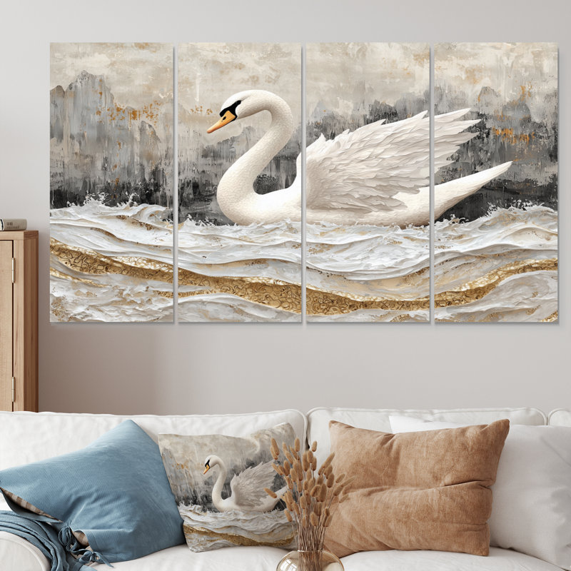 Marbre dansant du cygne II - cygne animal, art mural - ensemble de 4 décorations murales modernes, H 28 po x l 48 po