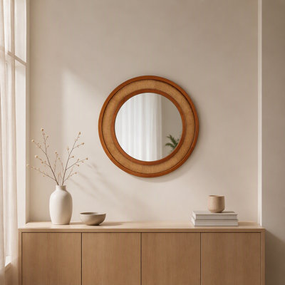 Miroir mural décoratif rond de 76 cm (30 pouces) avec cadre en rotin massif couleur noyer noir, miroir d'appoint de style campagnard pour salle de bain, entrée et décoration intérieure