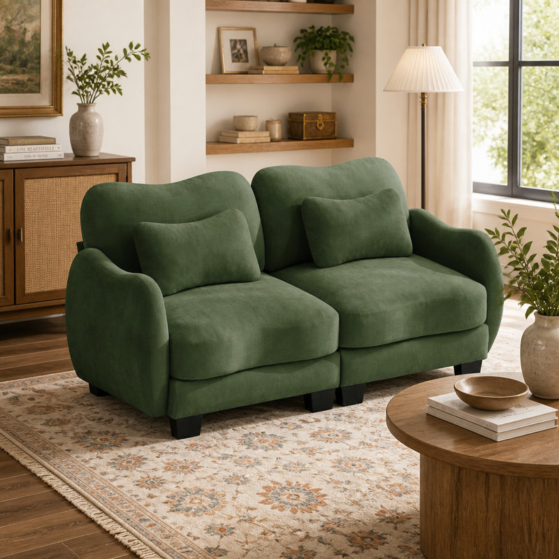 Canapé-lit en chenille vert avec coussin de taille et accoudoirs courbés