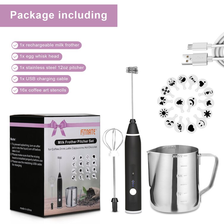 Milk Frother Handheld - Rechargeable Foam Maker with 16 Pcs Art Stencils, 3  Speeds Electric Egg Beater, Stainless Coffee Frother with 3 Whisks for