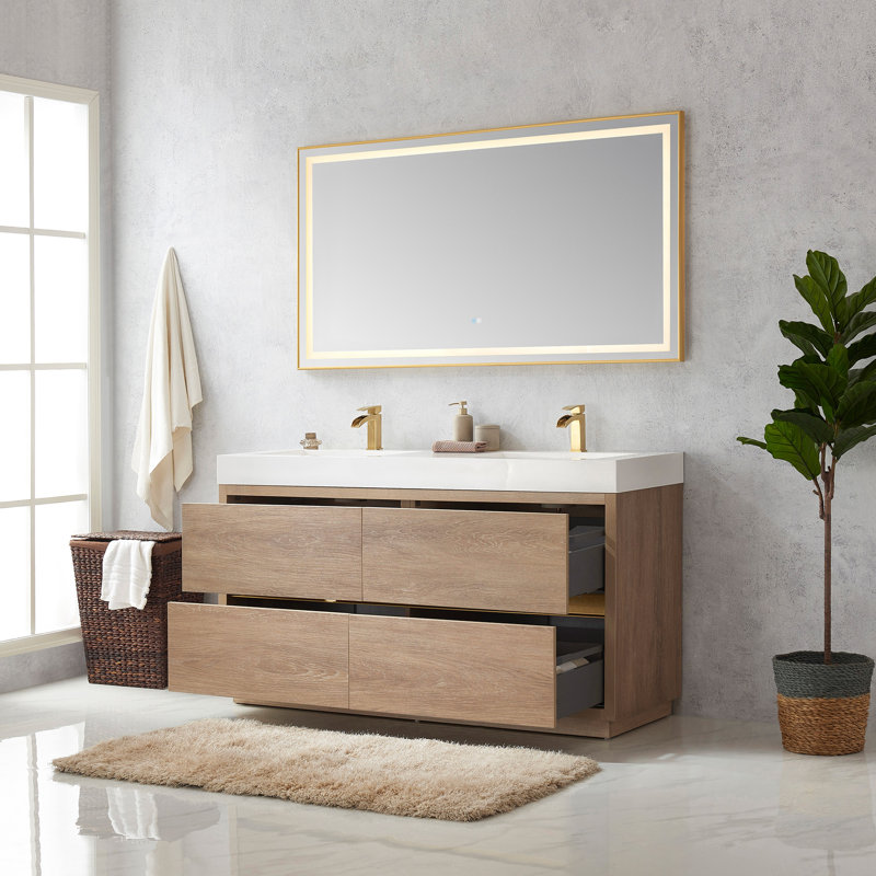 Beira 59.8'' Double Bathroom Vanity with Composite Top, North American Oak, White